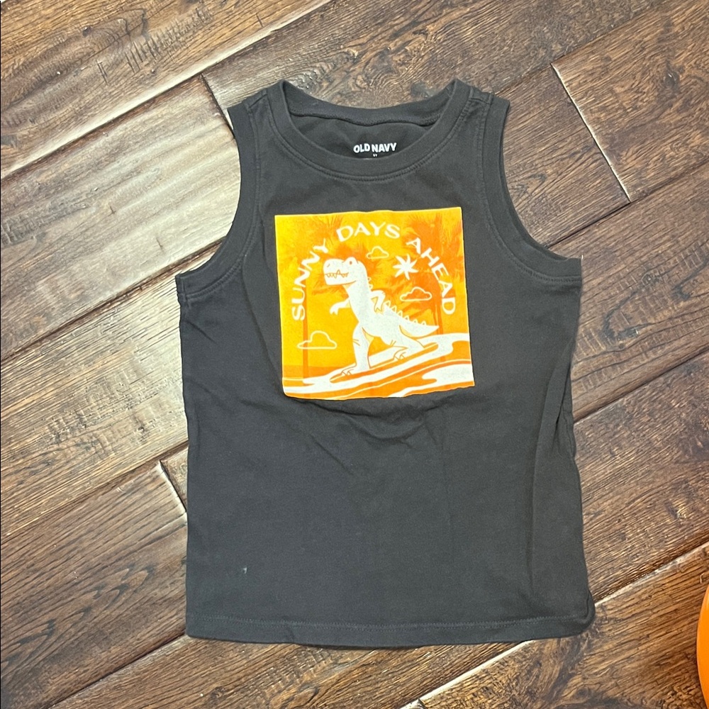 Old Navy Black Tank with Orange Surfing Dino Graphic